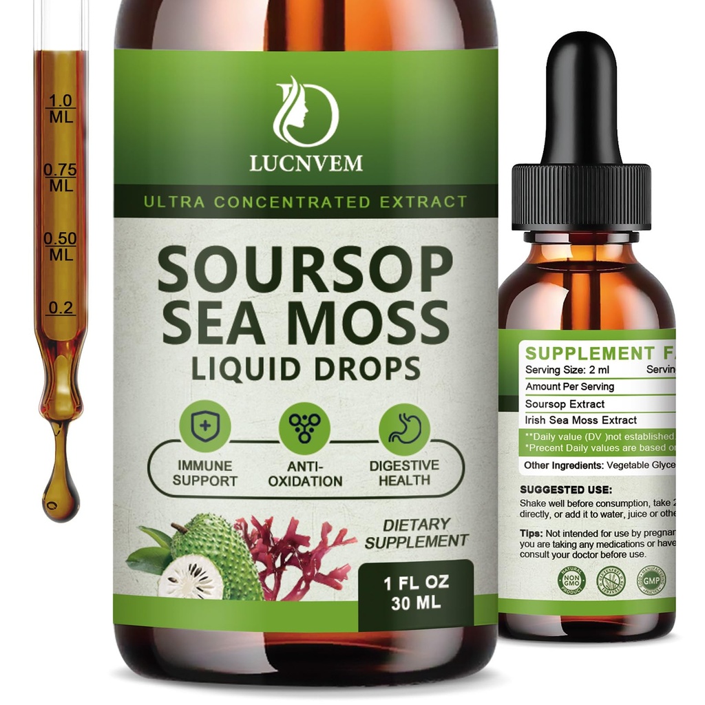 (2 Pack) Organic Soursop Graviola s mořem Moss kapalné kapky, Soursop Bitters kapalné bohaté na multivitamin pro přírodní antioxidant, imunitní boost, buněčná podpora a regenerace, ananasový flavor