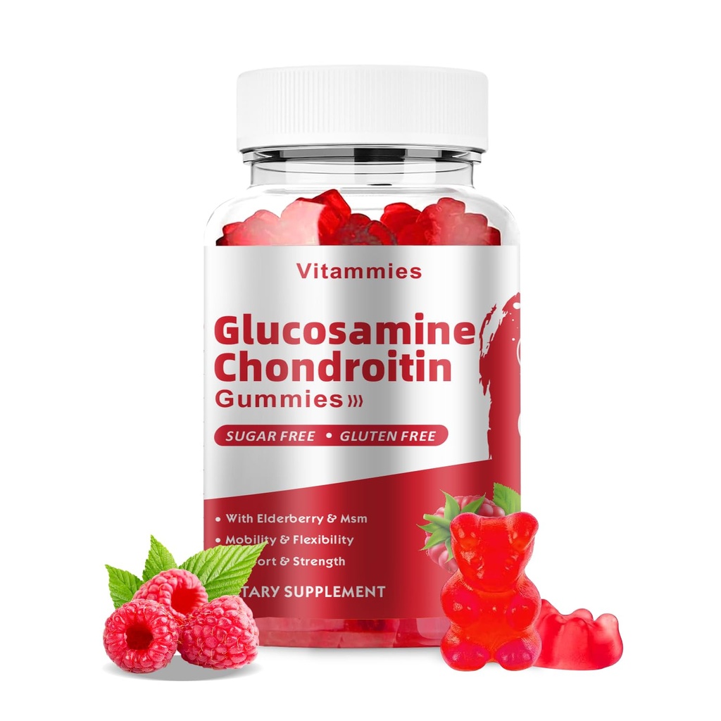 Glucosamine Chondroitin Gummies s MSM & Elderberry Extra Strength - Společná podpora, Antioxidační Imunitní Supplement pro dospělé, Muži a ženy Minerály, koenzym Q10, DHA - 60 Malinové gumy