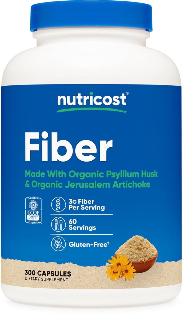 Nutricost Fiber Kapsle s Prebiotic Fiber Dodatek 300 Kapsle - Made with Organic Psylium Husk & Organic Jerusalem Artichod, 60 Servings, Gluten Free, 3 G per Serving