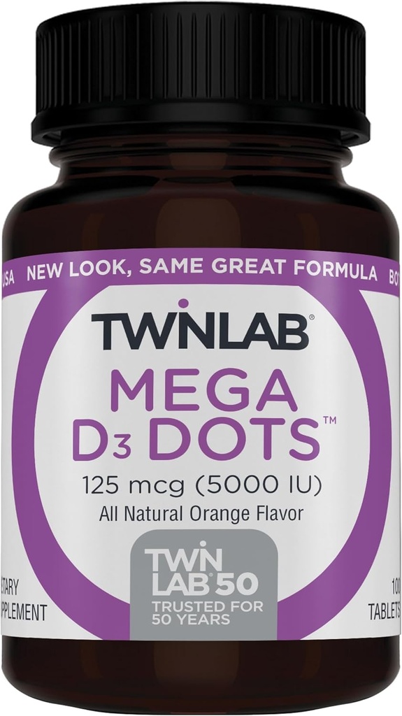 Twinlab Mega D-3 Dots - dodatek vitaminu D pro imunitní zdraví a podporu kostí - 100 oranžových tablet, 125 mcg (5000 IU) (balení po 2)