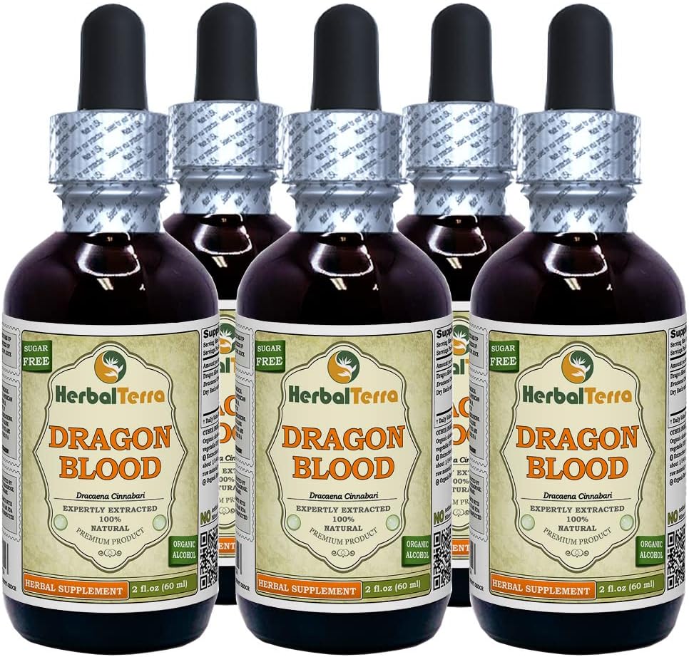 Dragon Blood Resin (Daemonorops Draco) tinktura, sušený resin tekutý extrakt (značka: HerbalTerra, Proudly Made in USA) 5x2 fl.oz (5x60 ml)