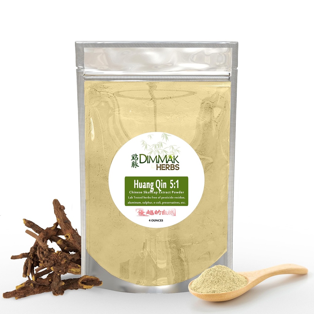 Dimmak Herbs Organic Scutellaria Baicalensis Chinese Skullcap Root (Huang Qin) 5: 1 Extract Powder 124; Lab Tested Premium Chinese Herb Scutellariae Powder in Potent Extract Form - 4oz (112g)