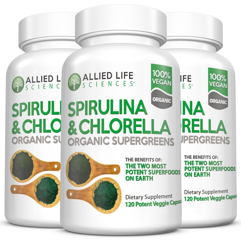 Allied Life Spirulina a Chlorella current 124; Organic chlorofyl Vegan Protein Powder Green Superfood Capsules Cr124; Natural Immunication Support (3 balení lahví)