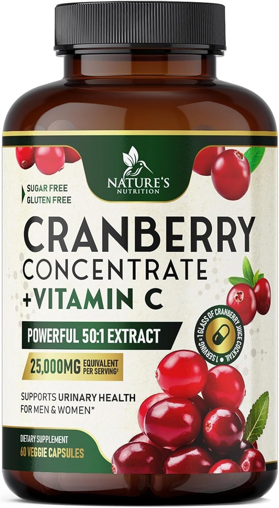 Cranberry Supplement Pills 25,000mg - High Potency Vitamin C Cranberry for Women & Men, Močová Trakt Zdravotní podpora, Bez cukru, Gluten Free, Non- GMO, Cranberry koncentrát Extract - 60 Kapsle