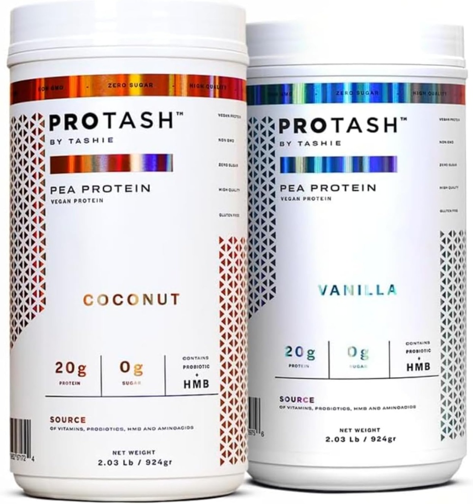 Balení po 2 ml 124; Vegan Protein Powder by TASHIE, 20g Pea Protein for Men and Women, Non GMO, Nulový cukr, Obsahuje Probiotic & HMB (Vanilla & Coconut)
