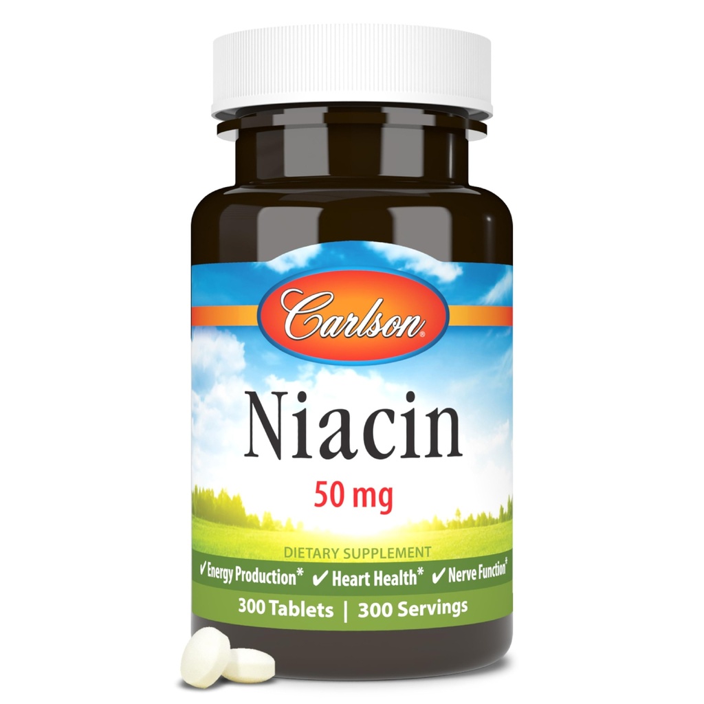 Carlson - Niacin, 50 mg, podporuje metabolismus cholesterolu, výroba energie, srdeční zdraví, nervová funkce, 300 tablet