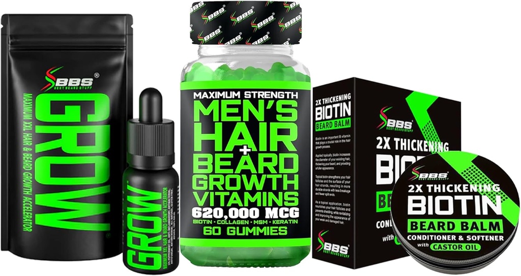 Beard Growth Kit w / 2X Thickening Biotin Beard Ball pro muže & Mustache Wax + Grow Mustache Serum & Facial Hair Oil + 14- in-1 Biotin Gummies & Vlasové růstové vitamíny pro muže - Vyrobeno v Americe