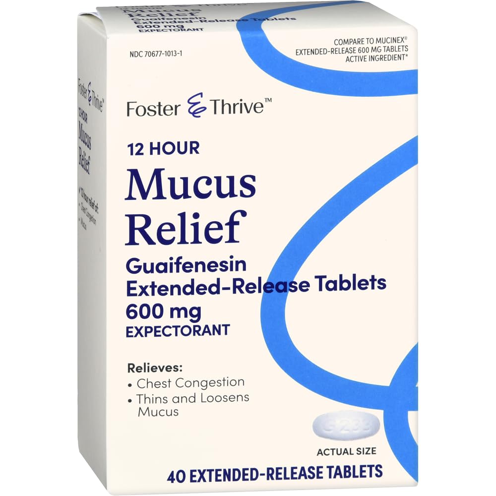 Foster & Thrive Chest Congestion Mucus Extended Release, 600 mg Guaifenesin Relieves Chest Congestion cause by Excess Mucus, (Porovnejte s Mucinex 12 Hodin Extended Release), 40 Tablety
