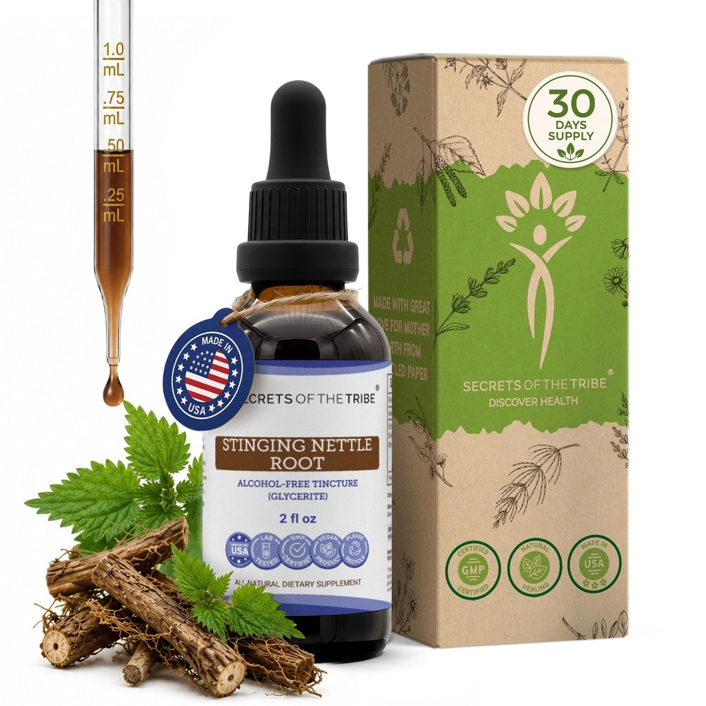 Tajemství kmene štípající kopřivka Alcohol- Free Liquid Extract, štípající kopřivka (Urtica Dioica) Sušený kořen (2 FL OZ)