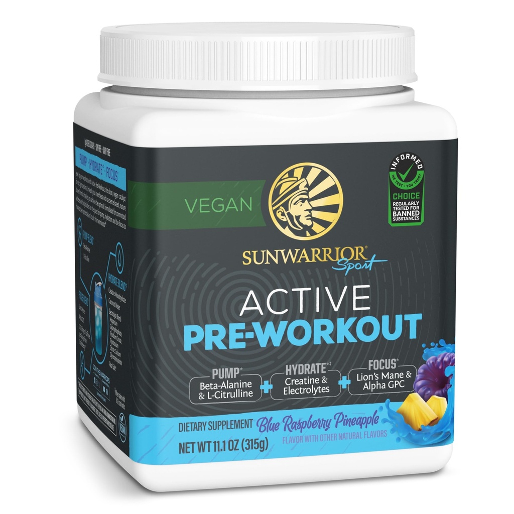 Sunwarrior Pre Workout Powder Energy Drink Vegan Plant- based Supplementary Pump, Hydrate, Focus, Endurance, & Silný stavitel Blue Raspberry Ananasové ochucené 30 Služební aktivní Prework