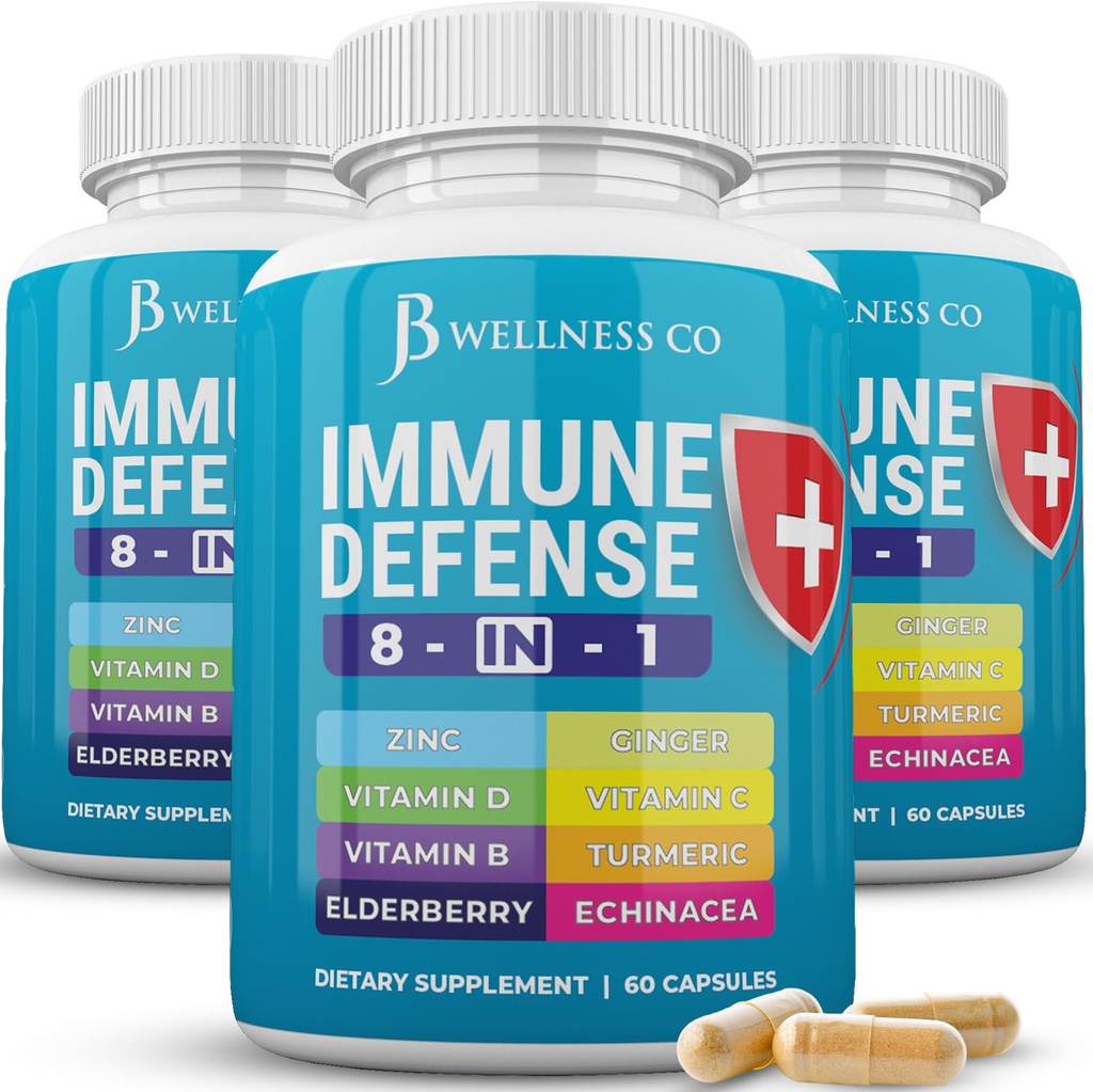 Imunitní podpora 8 v 1 Kapsle - doplněk zinku, vitamin D3, vitamín C a bezinky - Imunitní Booster dodatek s Echinacea, Ginger Root, a kurkuma - [3-Pack, 180 Počet]