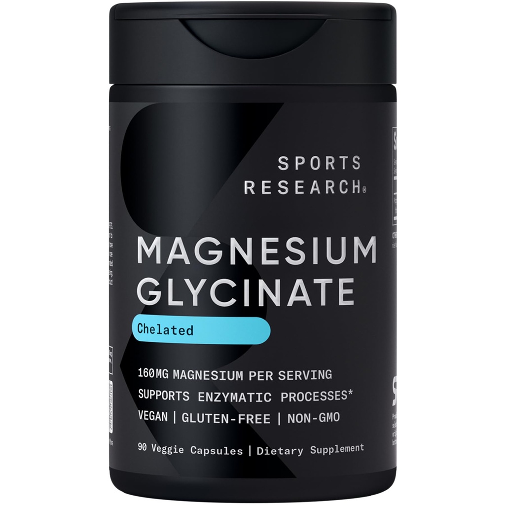 Sports Research ® Magnesium Glycinate - Podporuje restful Sleep & Enzymatic Processes - 160 mg Chelated Magnesium - Veganská kapsle - 90 Počet