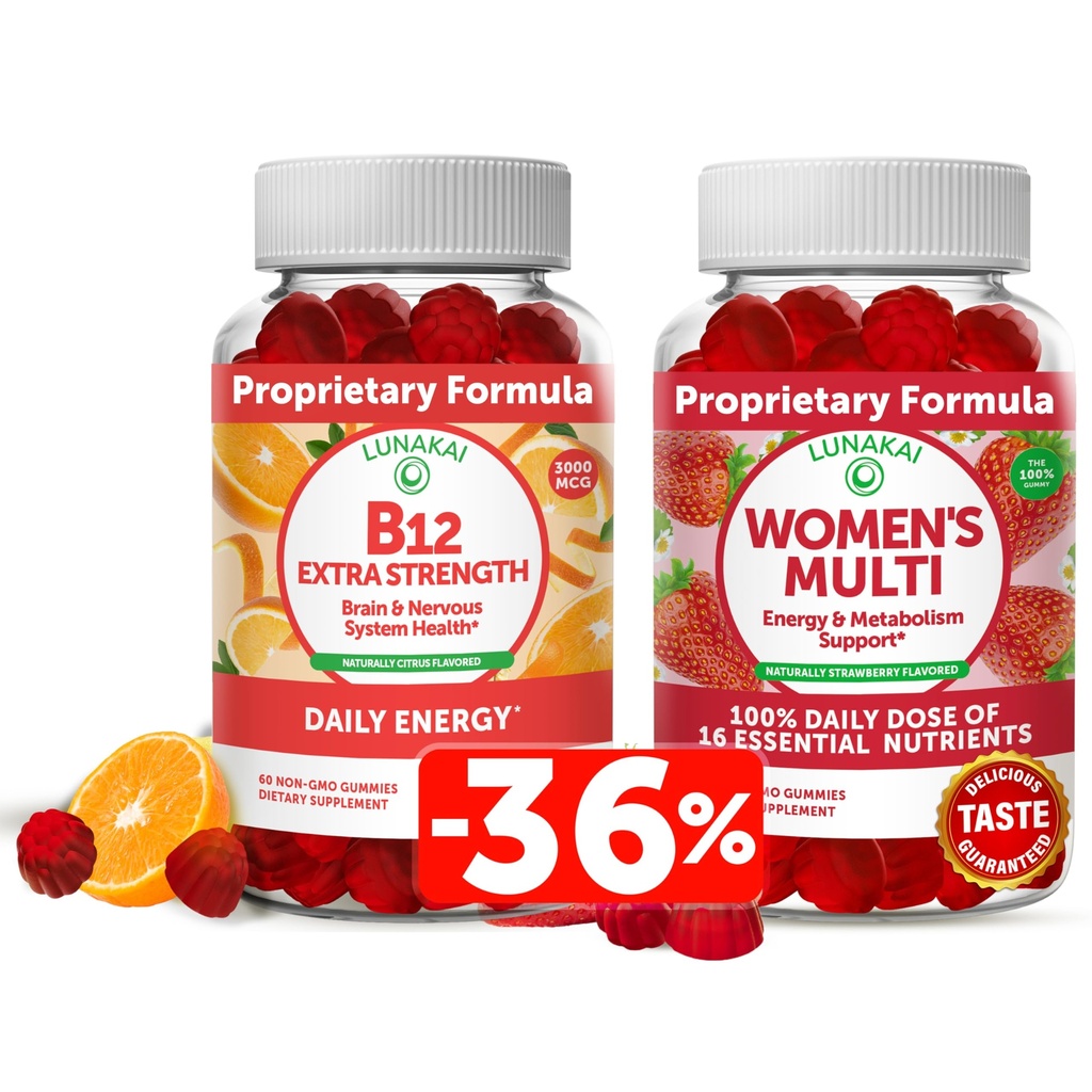 Lunakai Vitamin B12 a ženské multivitaminové gumy Bundle - Non- GMO & Vegan dodatek pro podporu energie a zdraví kostí - 100% denní hodnota 16 esenciální vitamíny a minerály - 30 dní dodávky