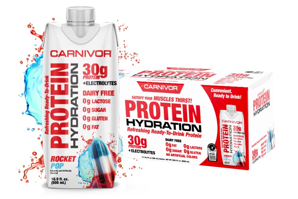 MuscleMeds Carnivor Protein Hydration RTD, připraven k pití, laktóza zdarma, cukr zdarma, 30g izolát protein, halal certifikovaný, Rocket Pop, 16.9 Fl Oz (balení po 12)