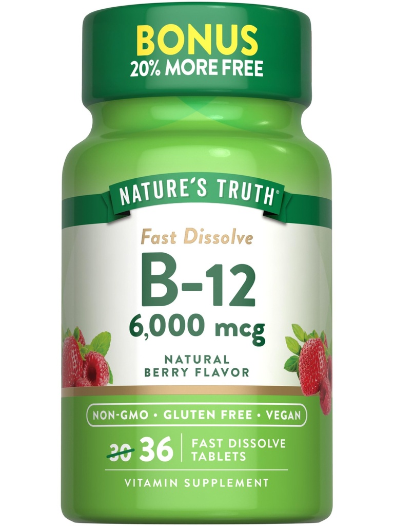 Nature 's Truth B12 Vitamin 6000 mcg Common 124; Methylkobalamin CLAN 124; 36 Tablet CLAN 124; Fast Disold Natural Berry Flavor CLAN 124; Vegan, Non- GMO & Gluten zdarma