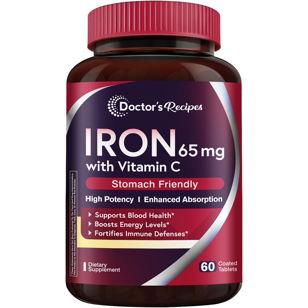 Lékařské recepty doplněk železa 65 mg s vitaminem C - Maximalizovaná absorpce, Žaludek Friendly & High potency Iron Pills for Red Blood Cells Formation & Imunity Health - Vegan Non- GMO 60 Iron Tablety