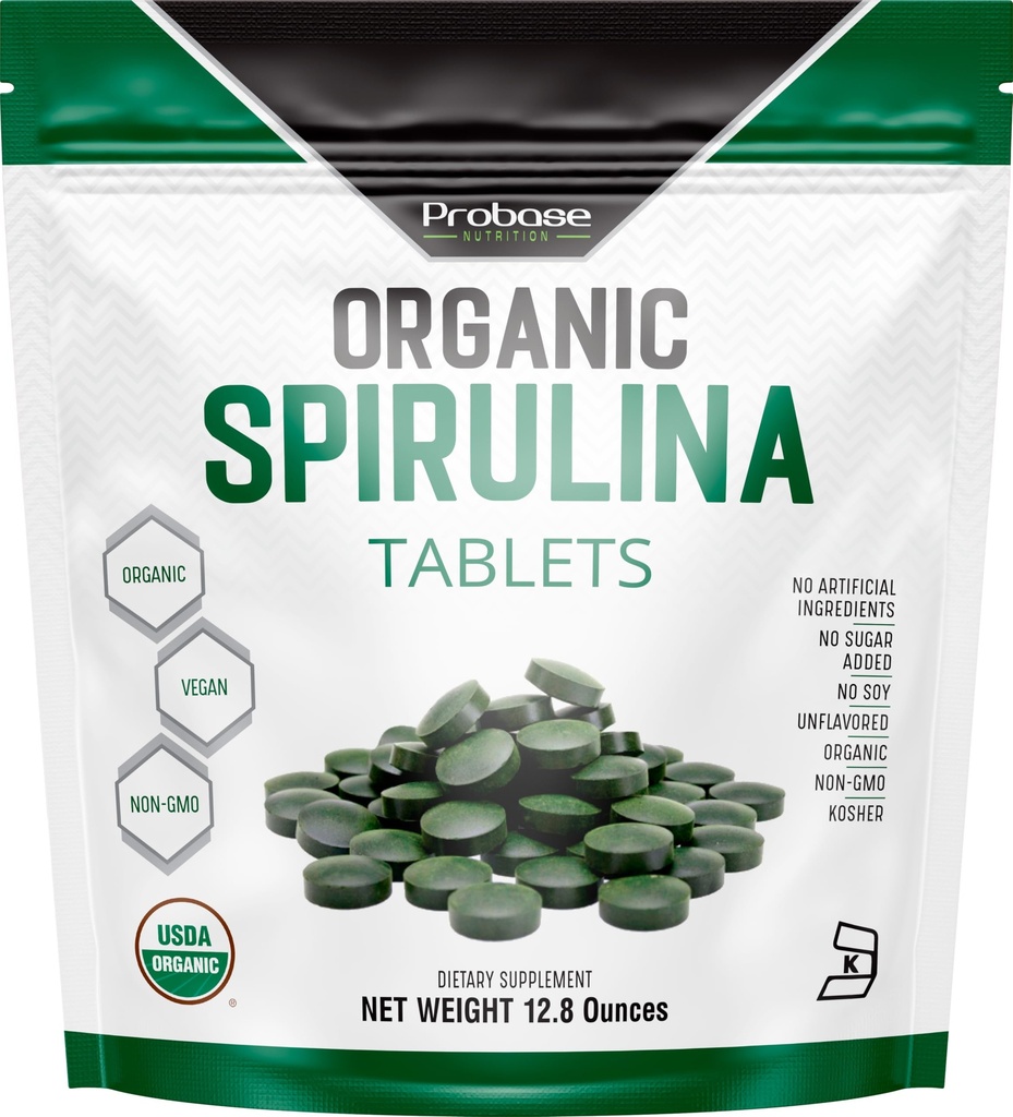 Probase Nutrition Organic Spirulina Dodatek, 3000MG per Serving, 720 Tablety (4 Měsíční dodávky), No Filler & Non- GMO, Bohaté na Vegan Protein, Vitamíny & Prebiotika, Premium Spirulina pilulky