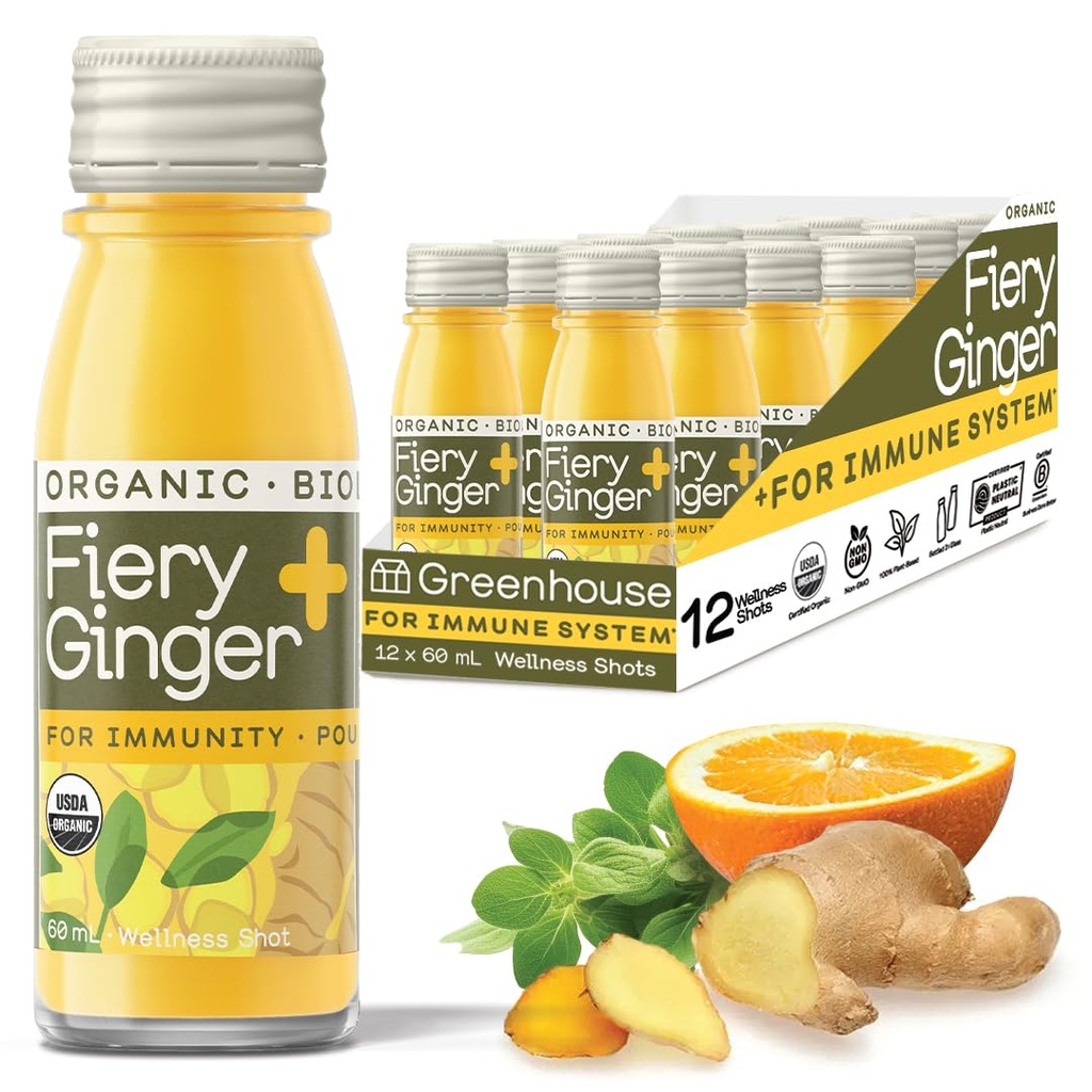 Greenhouse Juice Organic Fiery Ginger Wellness Pants 12-Count 60ml Skleněné láhve, Vegan & gluten- zdarma