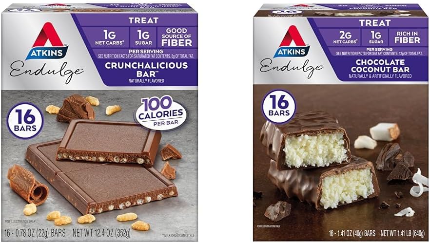 Atkins Endulge Crunchalicious Chocolate Bar 16 Count & Cococonut Bar 16 Count Bundle
