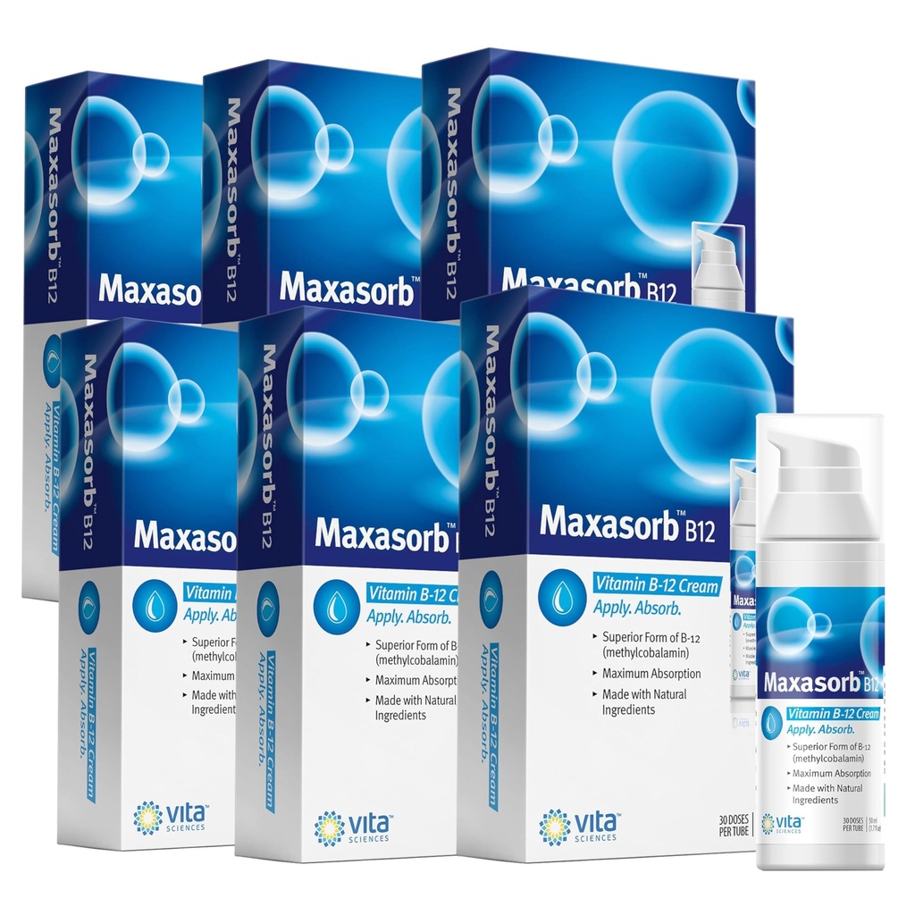 Vita Sciences Maxasorb B12 Vitamin B-12 Cream 1000 mcg: Mocný Topical Methylkobalamin pro energii, zdraví a zářivou pleť - balení po 6 ks