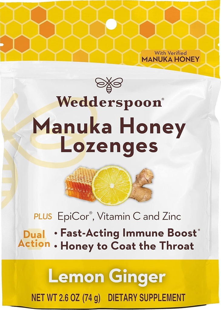 Wedderspoon Manuka Med Imunity Lozenges, Lemon Ginger, 2.6 Oz (balení po 1), Genuine New Zealand Med, Boost imunity během dvou hodin