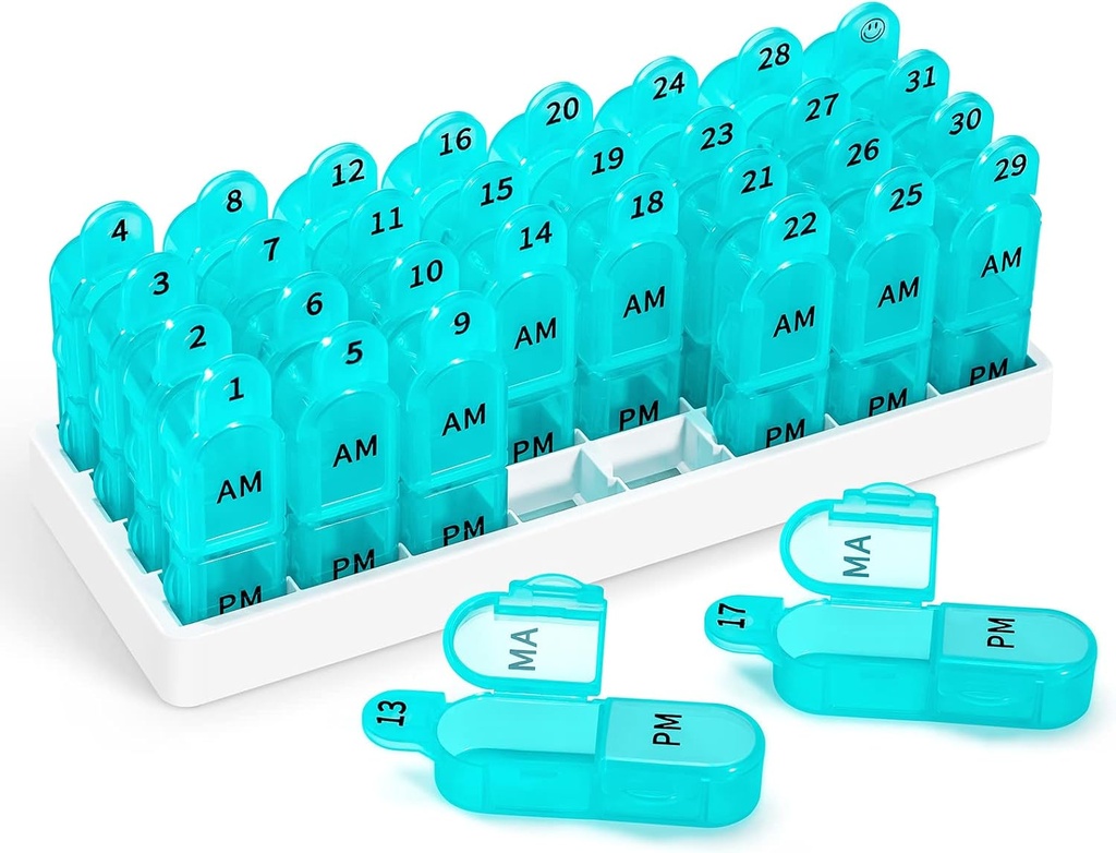 Zoksi Monthly Pill Organizátor 2 krát denně, 30 Den Pill Box Organizátor Am Pm, Denní Pill Pouzdro s 32 Velké kompartmenty pro každý den, Přenosné cestovní Pill Kontejner pro vitamíny a medicínu (Cyan)