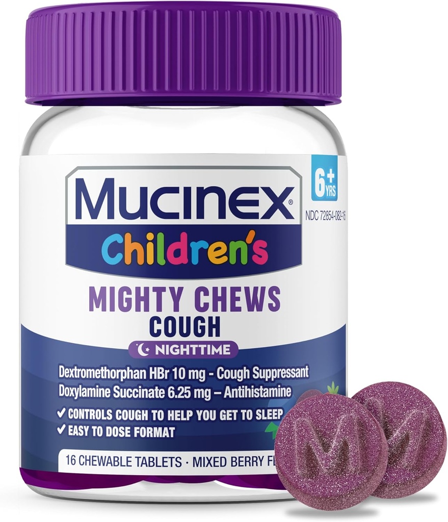 Mucinex Děti 's Mighty Chews Nighttime Kids Cough Medicine, Snadné dávkování kašel Suppressant s Dextromethorfan, Děti Travel Medicine pro kašel, Smíšené Berry Flavor, 16 Medikované žvýkací tablety