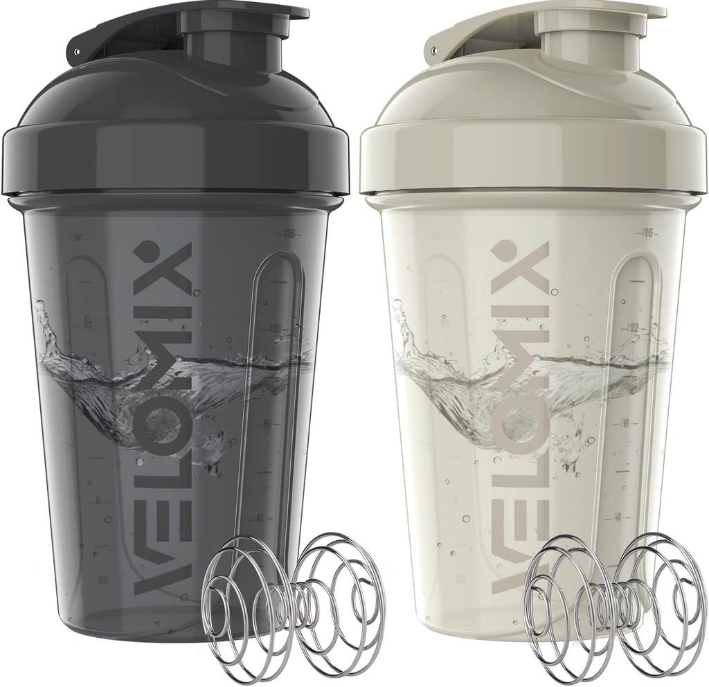 VELOMIX -2 Pack - 20 oz Lahvičky s proteinem pro proteinové směsi - 2x Wire Whisk CUP 124; Leak Proof Shaker Cups pro proteinové třepačky a předcvičení CUP 124; Lahvička s proteinem (šedá / bílá)
