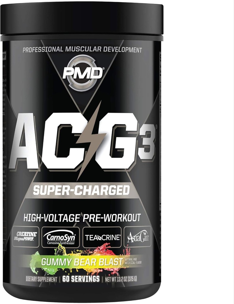 PMD Sports ACG3 Supercharged - Předcvičení - Výkonná síla, vysoká energie, maximalizovat duševní soustředění, vytrvalost a optimální pracovní výkon pro muže a ženy - Gummy Bear Blast (60 Služeb)