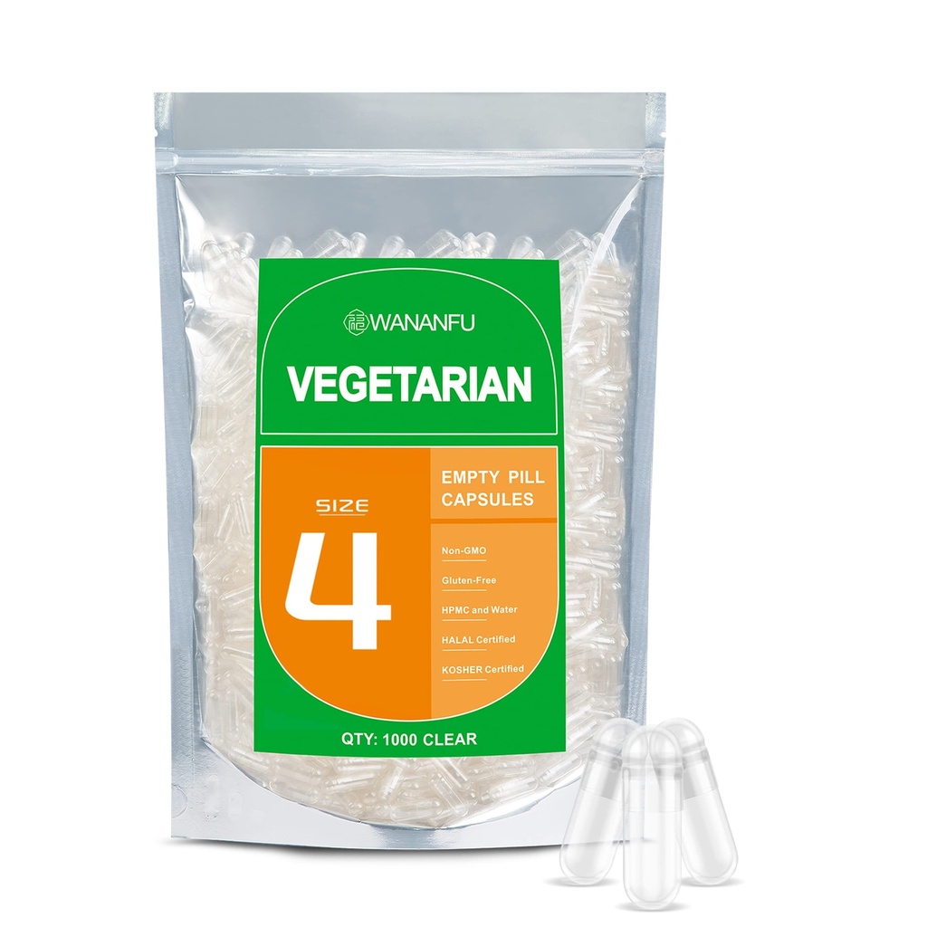wananfu Velikost 4 Prázdné kapsle Vegetariánské (1000 Počet), Čiré Vyplnitelné Veggie Pill Kapsle Velikost 4 pro výrobu vlastních doplňků