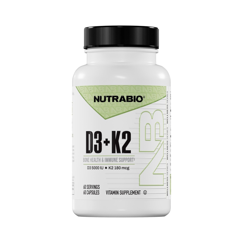 NutraBio Vitamin D3 K2 Vitamin D3; 5000 IU D3 jako cholekalciferol s vitaminem K2 jako MENA- Q MK7 (180mcg) Vitamin 124; Podpora zdraví kostí a srdce 124; Non- GMO, gluten zdarma, laktóza zdarma 124; 60 Zeleninové kapsle