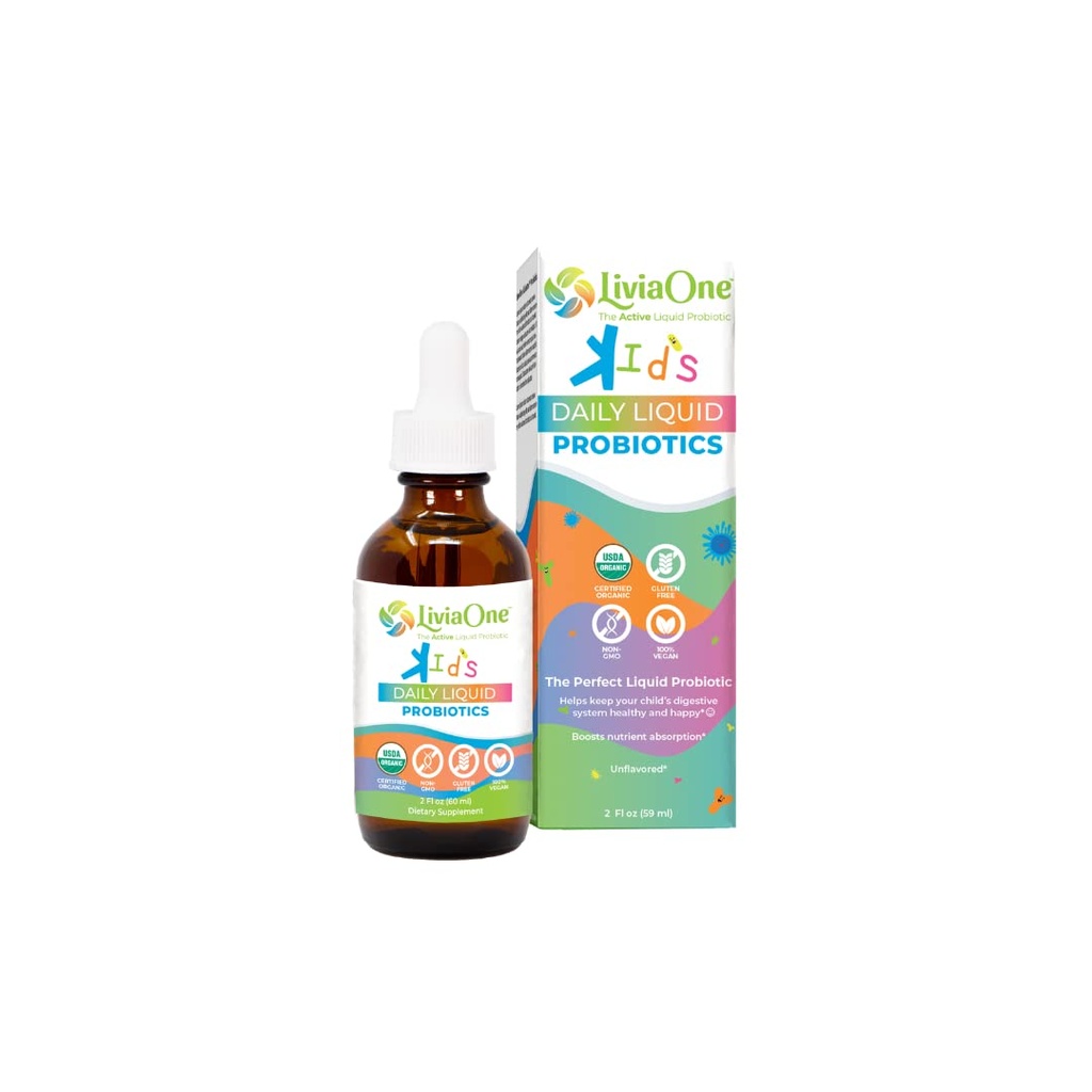 LiviaOne Denní tekutá probiotika pro děti, Probiotický dodatek pro stravitelné zdraví a imunitní podporu, USDA- Certified Organic, Vegan, a Allergen- Free, Non- GMO Probiotika, 2 Fl Oz (balení po 1)