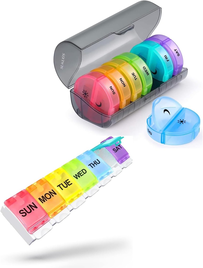 2 Pack Týdenní pilulkový pořadatel, Sukuos Daily Pill Box 7 Day Pill Pouzdra pro vitamíny, rybí oleje nebo doplňky, BPA zdarma
