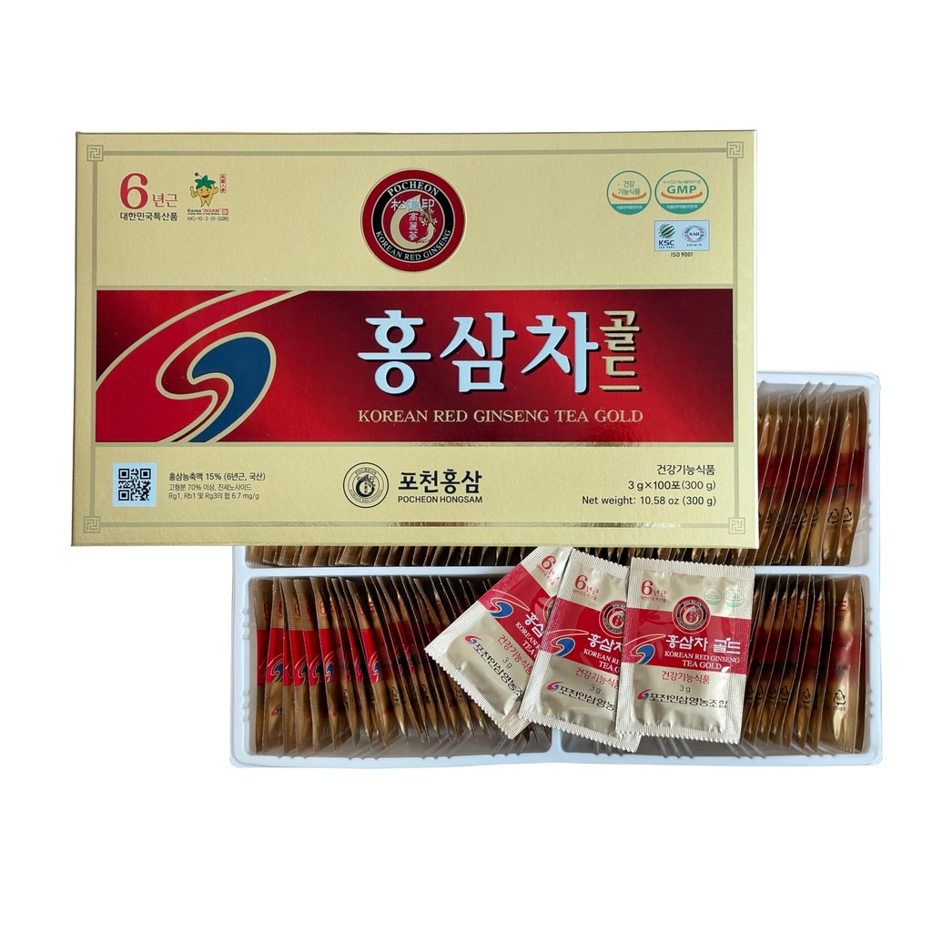 Pocheon 300g (10.6oz), Korean 6Years Panax Red Ginseng Root Extract Tea Gold, 100 Tea Bags, 15% Ginseng Extract, Natural Imunitation Support