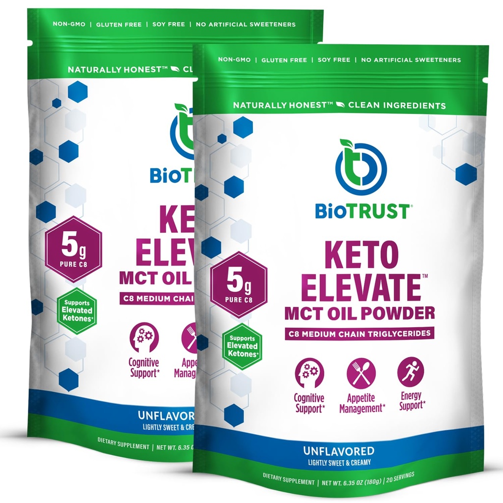 BioTrust Keto Elevate - C8 MCT Oil Powder - Ketogenní MCT Coffee Creamer, Keto Coffee Creamer - Clean Energy, Mental Focus & Clarity - 100% Capyl Acid MCT Powder, Non- GMO (Neochucené, 40 Služeb)