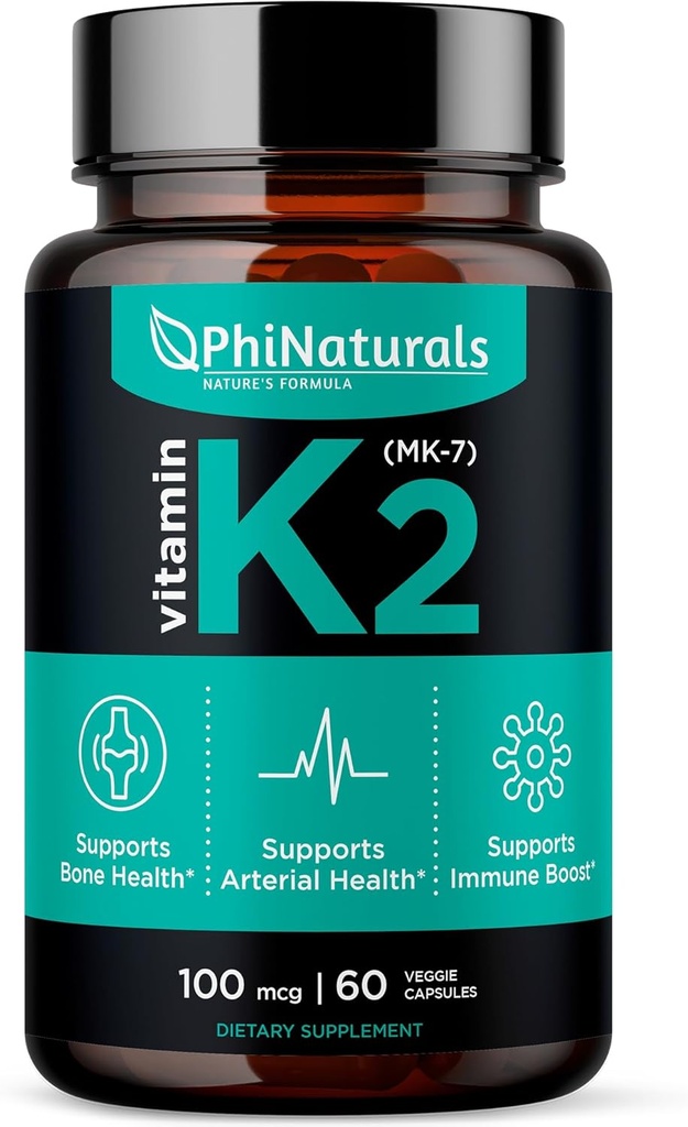 PhiNaturals Vitamin K2 Mk7 100 mcg Vegan 60 Kapsle Bone Health Heart Kardiovaskulární Arteria - VIT k-2 MK-7 100mcg Dodatek z Natto