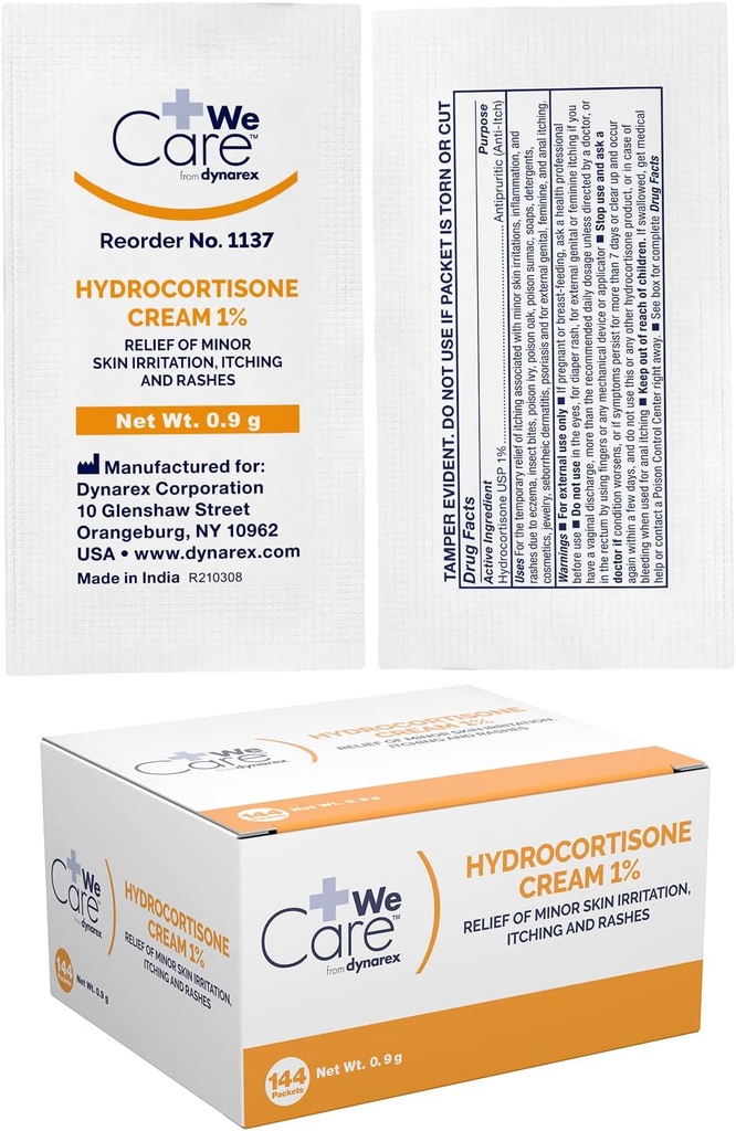 Dynarex Hydrokortizon Cream - Topical Anti- Itch Hydrokortizon Ointment for Temporary Relief of Minor Skin Itching, Rash, Irritation - .9g Paket, 1 box of 144