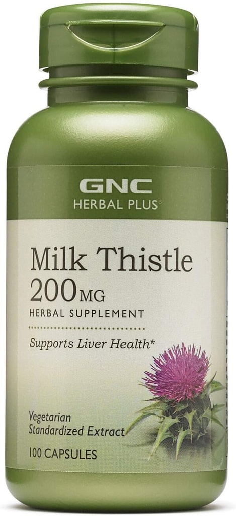GNC Bylinné Plus Mléko Thistle 200mg Dodatek, Vegetariánské, Podporuje zdravé funkce jater, 100 Služeb