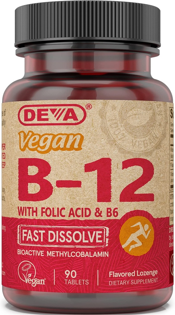 DEVA Vegan Vitamin B12 Rychlý Rozpustit doplněk - Once- Per- Day Complex s 1000 Mcg methylkobalamin B12, kyselina listová, B6 - Lemon Flavor - 90 Rozpustné tablety,