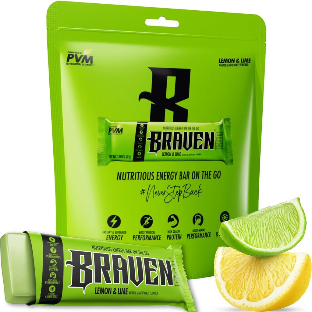 Braven Bar Lemon Lime Energy Bary (1.59 oz, Pack of 10) - Energy Chews with 5g Protein - On- the- Bean Energy Snacks for running, Touking, and Sports - Gluten zdarma Snacks for Setrvalá energie Boost
