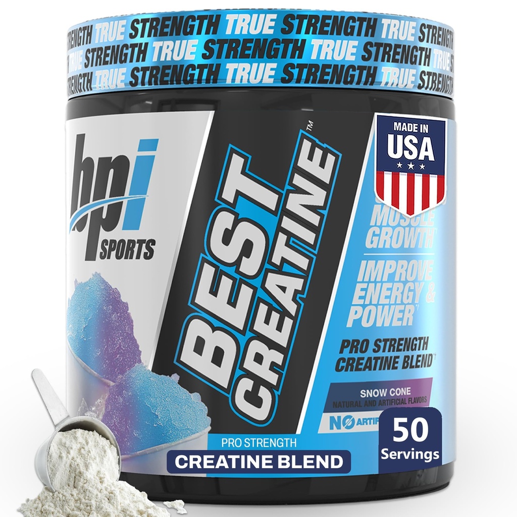BPI Sports Best Creatine - Creatine Monohydrát Prášek pro muže a ženy, Himalájská sůl - Síla, čerpadlo, Vytrvalost, růst svalů, Svalová definice - No Bloat - Snow Cone - 50 porcí - 10.58 Oz