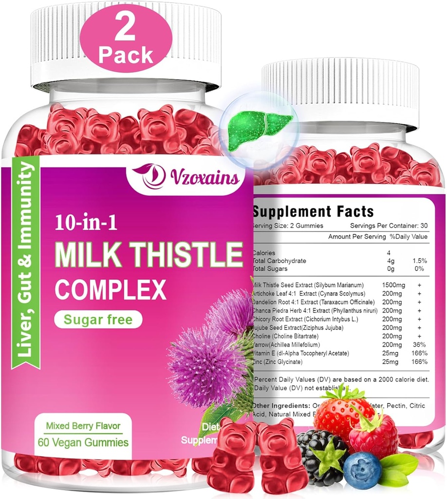 Mléko Thistle Gummies, 10 v 1 Bylinné Formule pro vyčištění jater Detox Opravy s kořen pampelišky, Kurkuma, Umělec Optimální funkce jater a trávicí zdraví Smíšené Berry Flavor