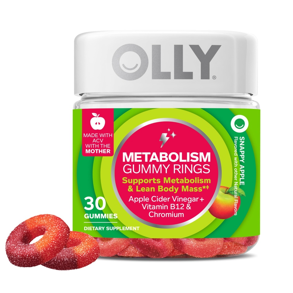 OLLY metabolismus Gummy kroužky, jablečný ocet, vitamín B12, chrom, energie a trávicí zdraví, Žvýkací doplněk, Apple Flavor - 30 Počet
