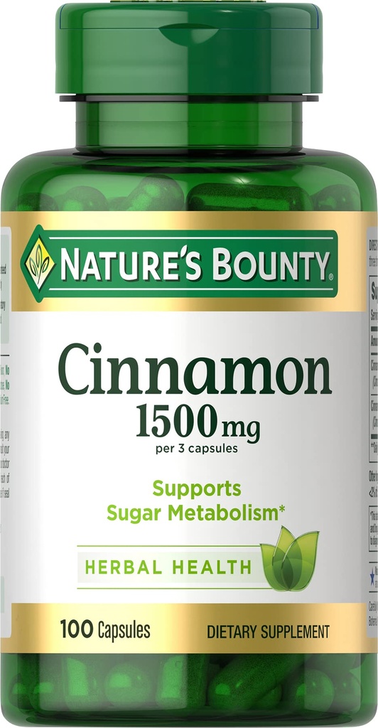 Nature 's Bounty Skořice Kapsle, Bylinný dodatek, Podporuje metabolismus cukru, 1500mg, 100 Kapsle