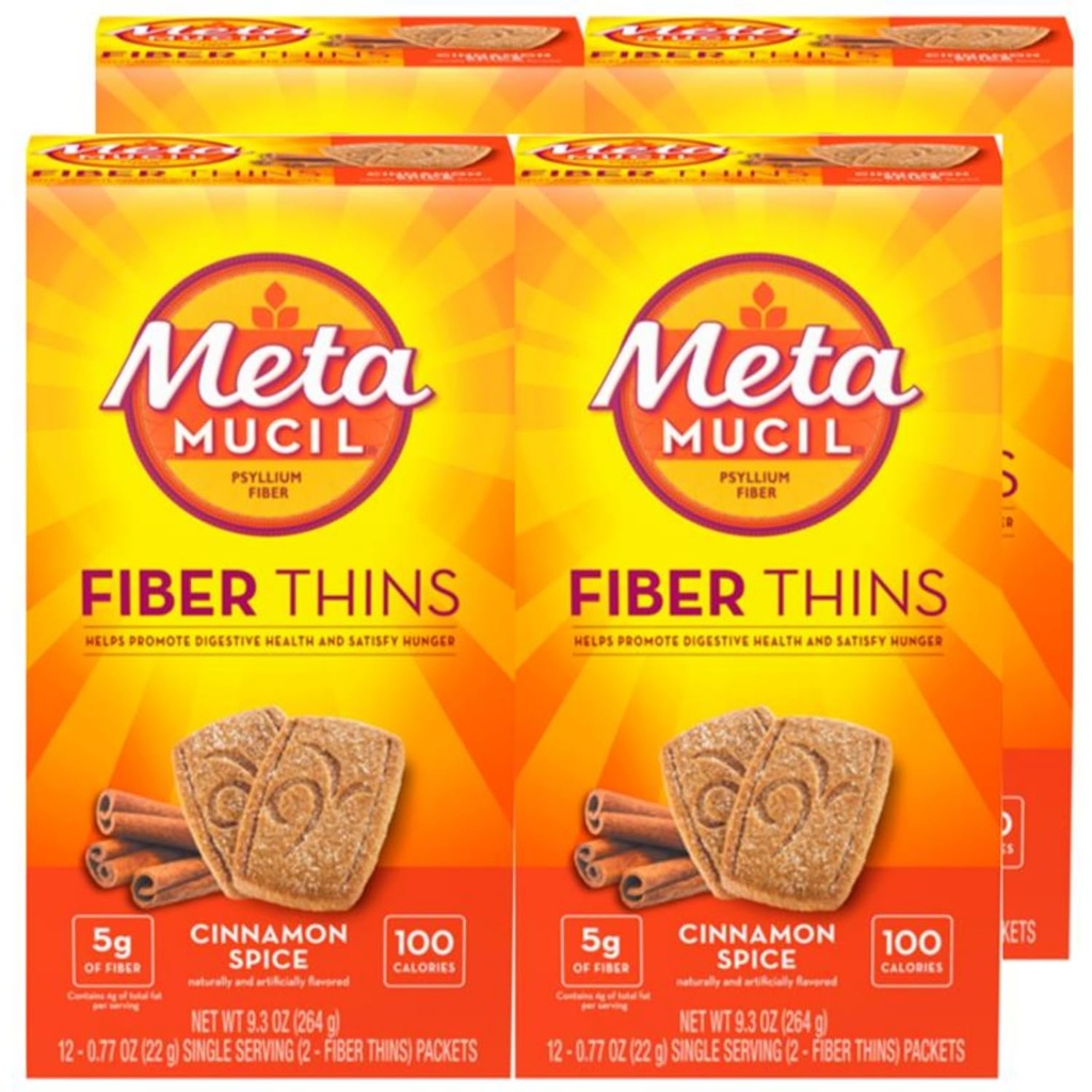 Metamucil Fiber Tenké, Denní Fiber Supplement Snack, Psylium Husk Powder, 5g Fiber per Serving, Podporuje trávicí zdraví a uspokojuje hlad, Skořice Spice Flavor, balení po 4, 12 Servings každý