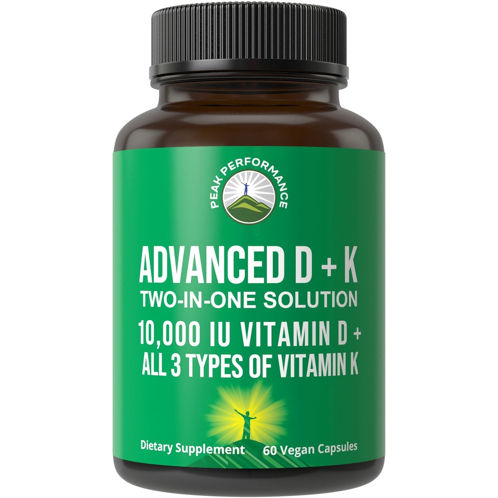 Maximální výkon Advanced Vitamin D 10000 IU se všemi 3 typy vitamínu K - 10 000 Vitamin D3 a vitamin K2, K1, MK-7 (MK7), MK4 kapsle dodatek - 60 Malé a snadno polykací pilulky
