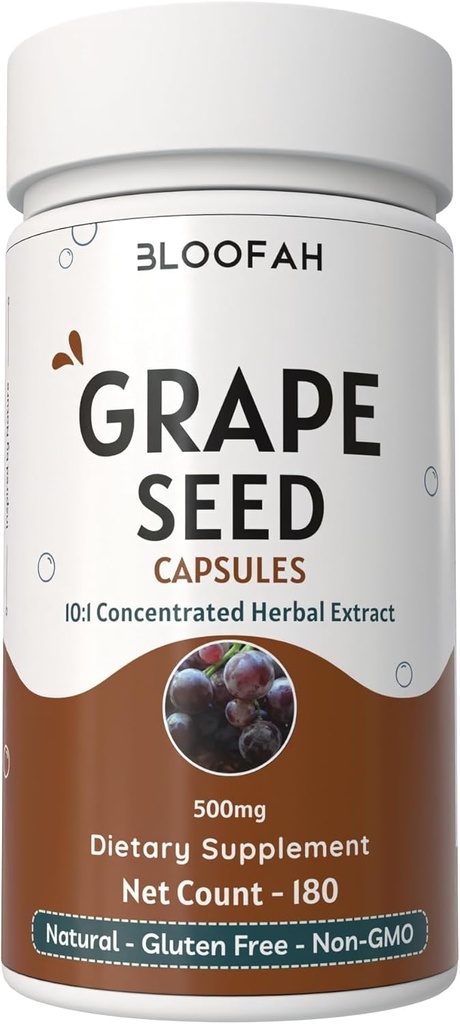 Grape Seed Kapsle 500mg FLAVIS 124; Vitis vinifera Koncentrovaná 10: 1 Extract Powder FLAVIS 124; Přírodní bylinný doplněk, Non- GMO, gluten- Free Formule (180 Počet balení po 1)