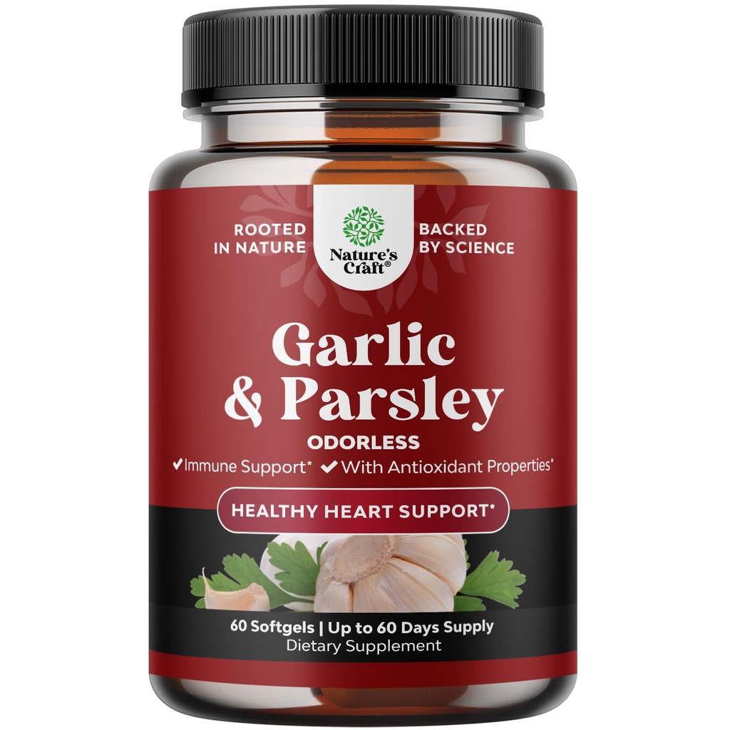 Koncentrované Odorless Česnek - Parsley Extract & Aged Česnek Doplňky pro oběhové zdraví, Digestion, Imunitate Support & Jaterní Detox - Parsley Softgels pro Gut Support - 60 Ct
