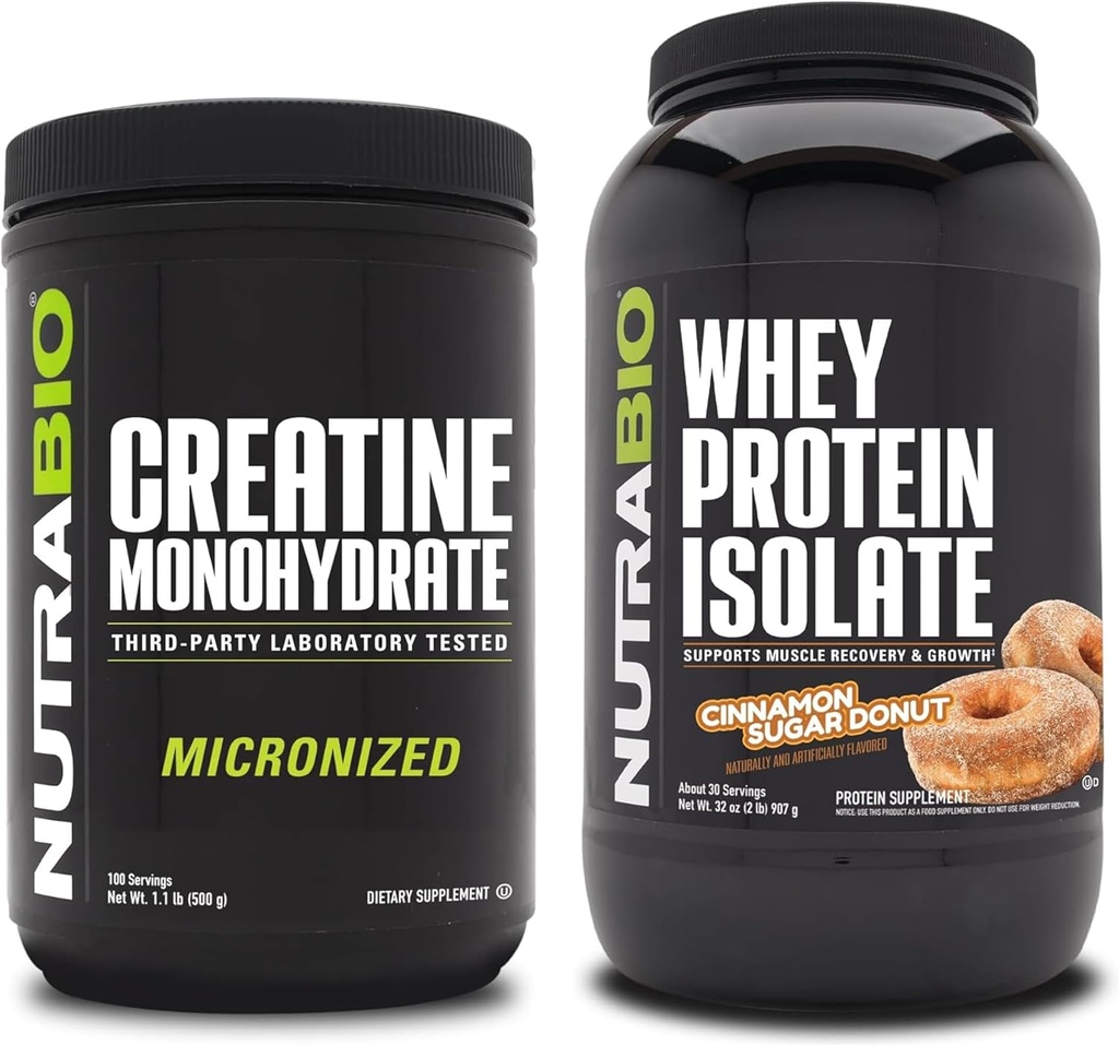 NutraBio Creatine Monohydrát, Neochucené, 500g a syrovátkové proteinové izolát, Skořice Sugar Donut, Doplněk Bundle - Svalová energie, Lean růst svalů, zotavení, a síla
