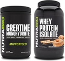 NutraBio Creatine Monohydrát, Neochucené, 500g a syrovátkové proteinové izolát, Skořice Sugar Donut, Doplněk Bundle - Svalová energie, Lean růst svalů, zotavení, a síla